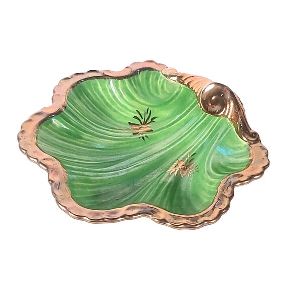VTG Green & Gold Ceramic Shell Dish Seashell Scroll Bowl- Maker's Mark "G" MCM - Picture 3 of 12